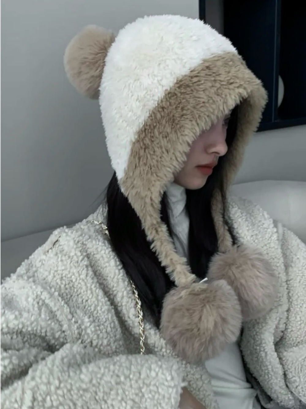 Faux Fur Pom Pom Hooded Winter Hat - Cream & Tan